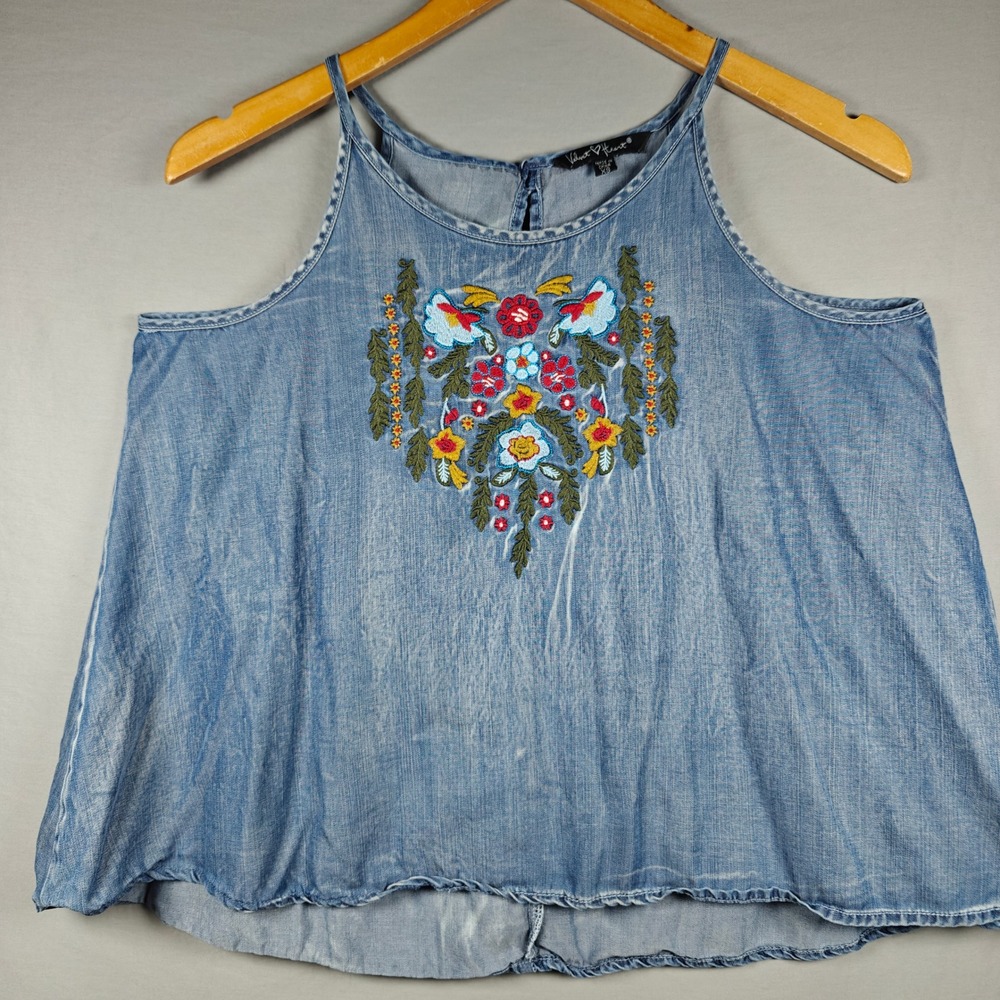 Velvet Heart Blue Tencel acid wash  Embroidered Floral Bird Camisole Tank Top XS